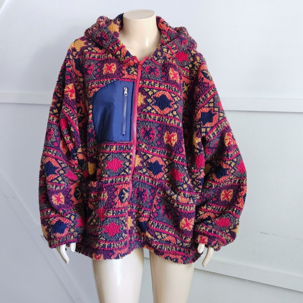 In My Nature Multicolor Geometric Tribal Sherpa Fleece Hoodie Oversized XL